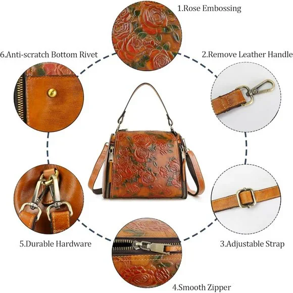 Women Genuine Leather Vintage Embossed Shoulder Bag 9.4x5.1x7.5 Inches Brown